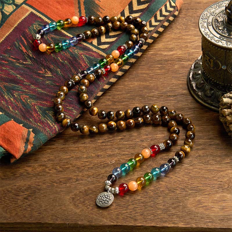 Buddha Stones 108 Mala Beads Pietra naturale Occhio di tigre Perle colorate Braccialetto di protezione del loto