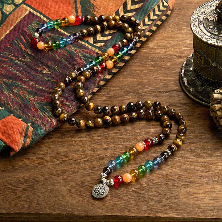 Buddha Stones 108 Mala Beads Pietra naturale Occhio di tigre Perle colorate Braccialetto di protezione del loto