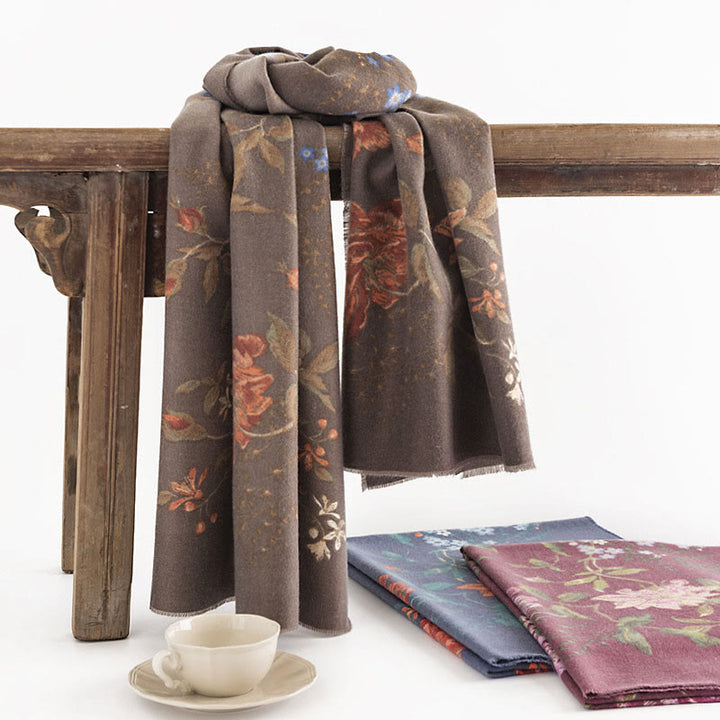 Scialle con motivo stampato a rose multicolore tibetano Buddha Stones, autunno inverno, caldo e accogliente - Verga d'oro scura 190*65cm - image 0