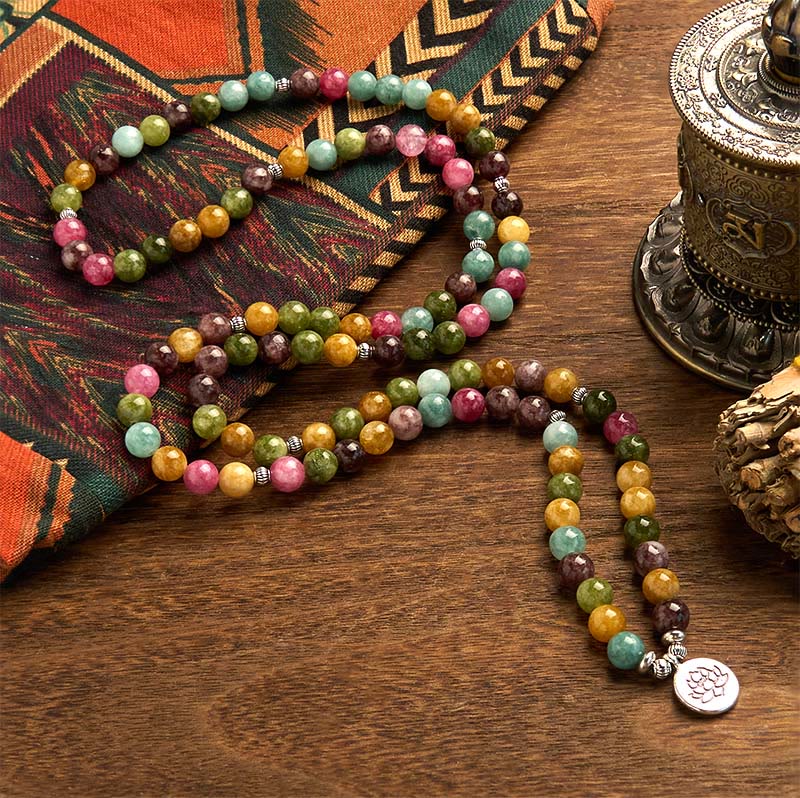 Braccialetto della saggezza del loto con 108 perline mala multistrato in tormalina naturale Buddha Stones