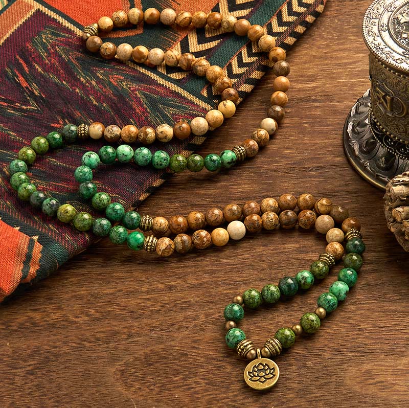 Buddha Stones 108 Mala Beads Pietra Naturale Jasper Turchese Lotus Braccialetto Positivo