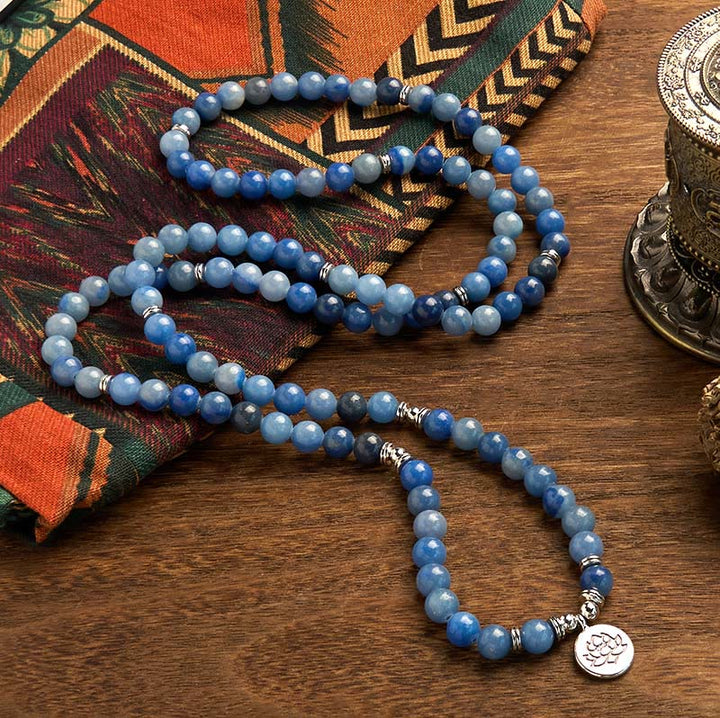 Buddha Stones 108 Mala Beads Multistrato Naturale Blu Aventurina Lotus Bracciale Calma