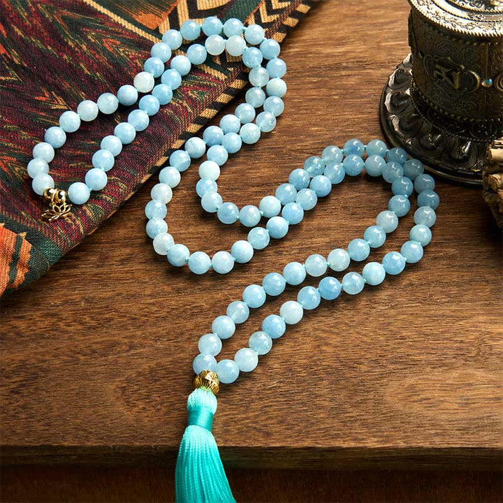 Buddha Stones 108 Mala Beads Pietra naturale Acquamarina Nappa Loto Bracciale curativo