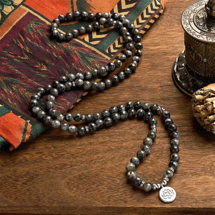 Buddha Stones 108 Mala Beads Multistrato Naturale Nero Glitter Pietra Braccialetto Positività Loto