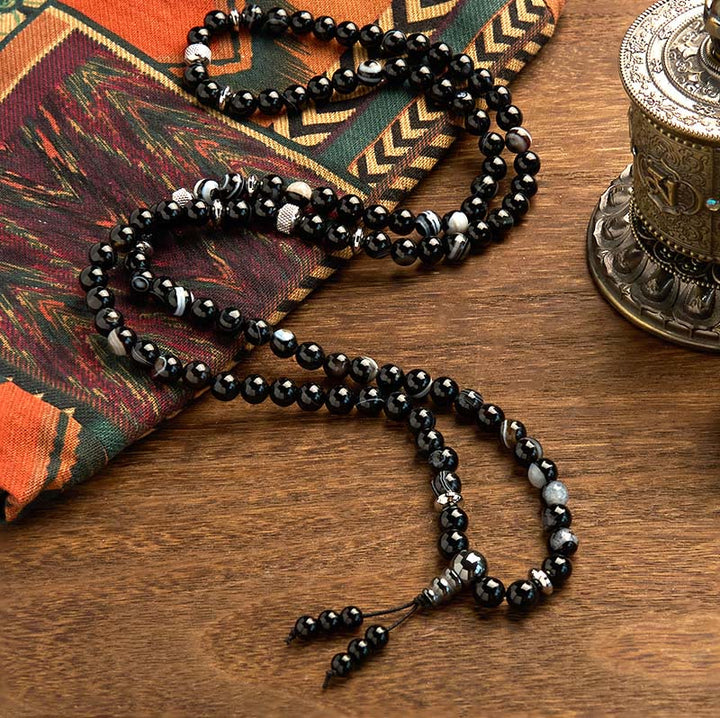 Buddha Stones 108 Mala Beads Pietra Naturale Braccialetto di Protezione in Onice Nero