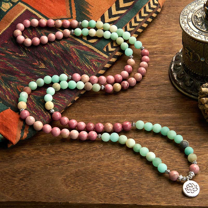 Buddha Stones 108 Mala Beads Rodonite Amazzonite Lotus Braccialetto curativo