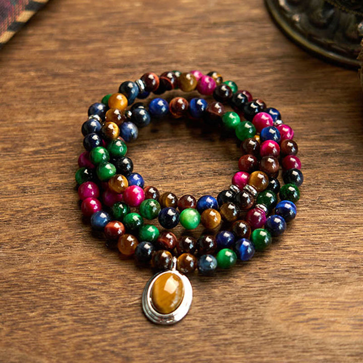 Buddha Stones 108 Mala Beads Naturali Occhio di Tigre Colorato Braccialetto di Protezione Multi-giro