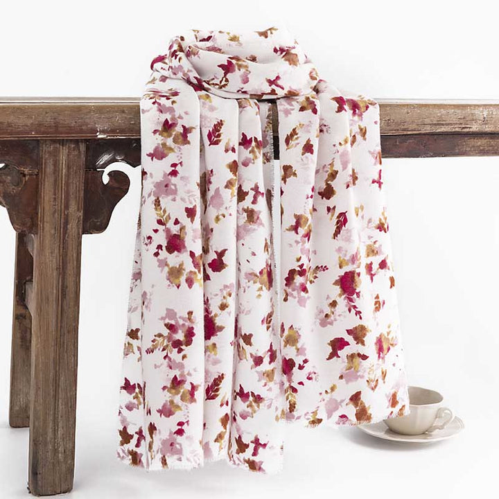 Scialle con stampa floreale e foglie cadenti, motivo Buddha Stones Tibetan, autunno inverno, caldo e accogliente, da viaggio - Bianco 190*65 cm - image 0
