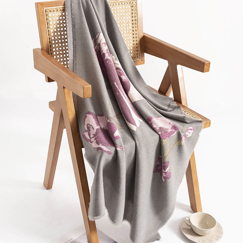 Scialle con motivo stampato con fiori viola tibetani, motivo a pietre Buddha Stones , autunno inverno, caldo, da viaggio
