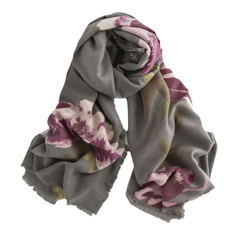 Scialle con motivo stampato con fiori viola tibetani, motivo a pietre Buddha Stones , autunno inverno, caldo, da viaggio