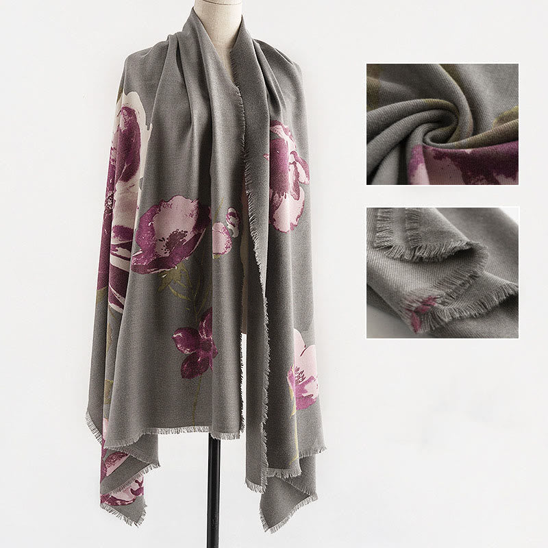 Scialle con motivo stampato con fiori viola tibetani, motivo a pietre Buddha Stones , autunno inverno, caldo, da viaggio