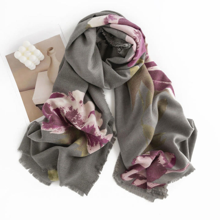 Scialle con motivo stampato con fiori viola tibetani, motivo a pietre Buddha Stones , autunno inverno, caldo, da viaggio