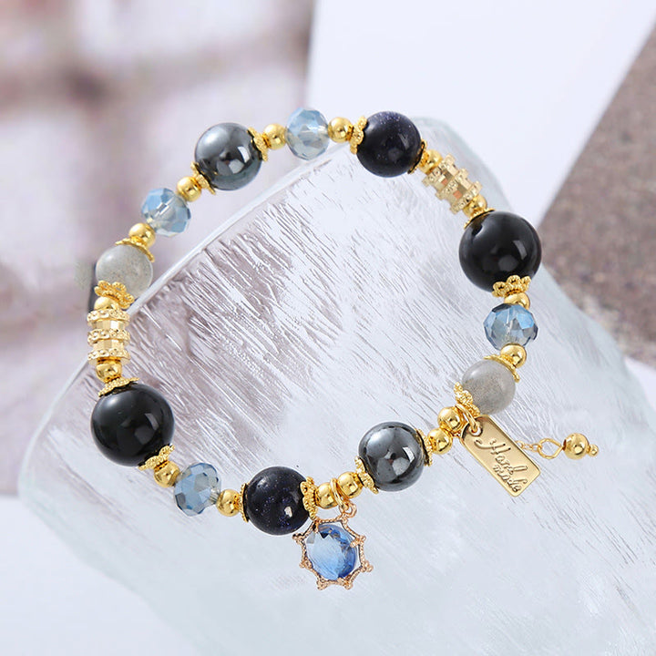Bracciale Buddha Stones Naturale Ossidiana Nera Ematite Blu Arenaria Forza