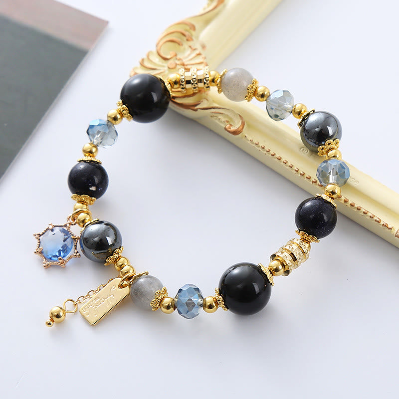 Bracciale Buddha Stones Naturale Ossidiana Nera Ematite Blu Arenaria Forza