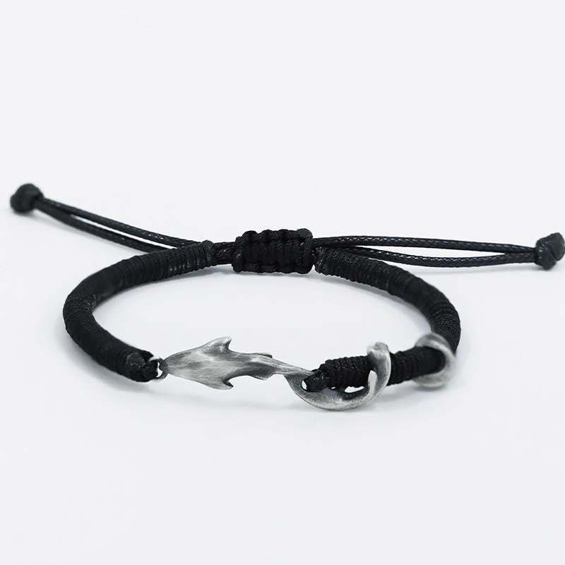 Braccialetto di protezione in corda di cera nera con squalo in argento sterling 999 Buddha Stones