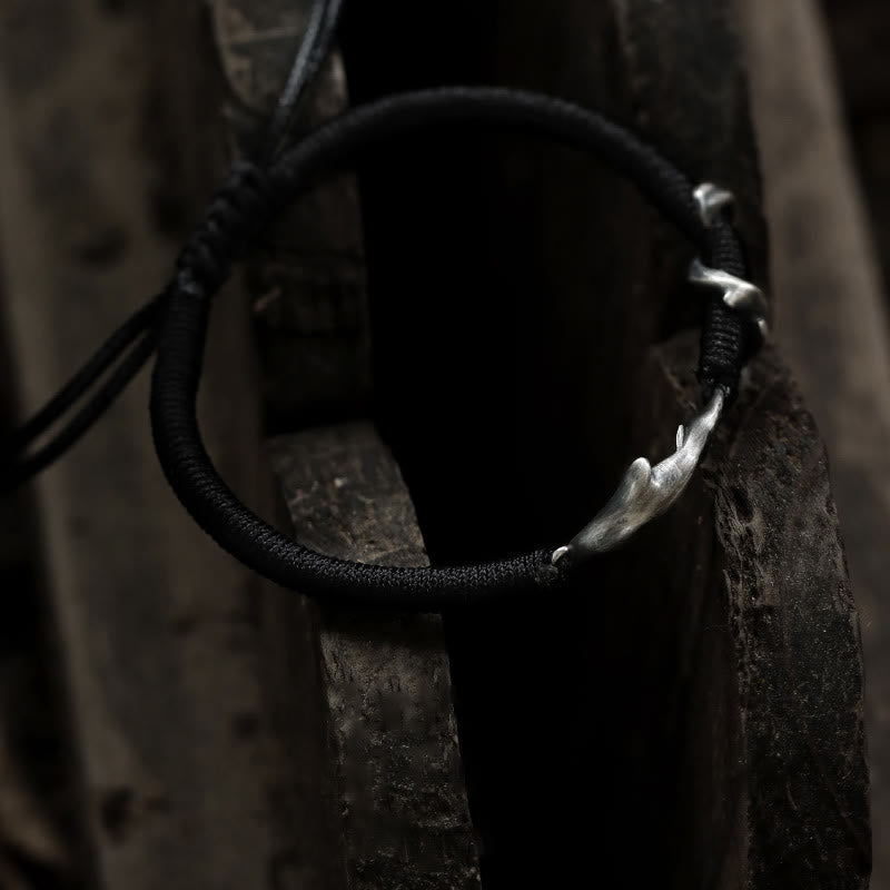 Braccialetto di protezione in corda di cera nera con squalo in argento sterling 999 Buddha Stones
