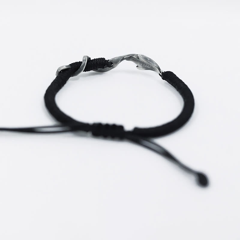 Braccialetto di protezione in corda di cera nera con squalo in argento sterling 999 Buddha Stones