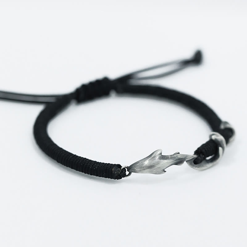 Braccialetto di protezione in corda di cera nera con squalo in argento sterling 999 Buddha Stones