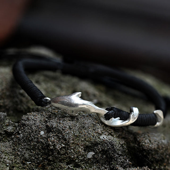 Braccialetto di protezione in corda di cera nera con squalo in argento sterling 999 Buddha Stones