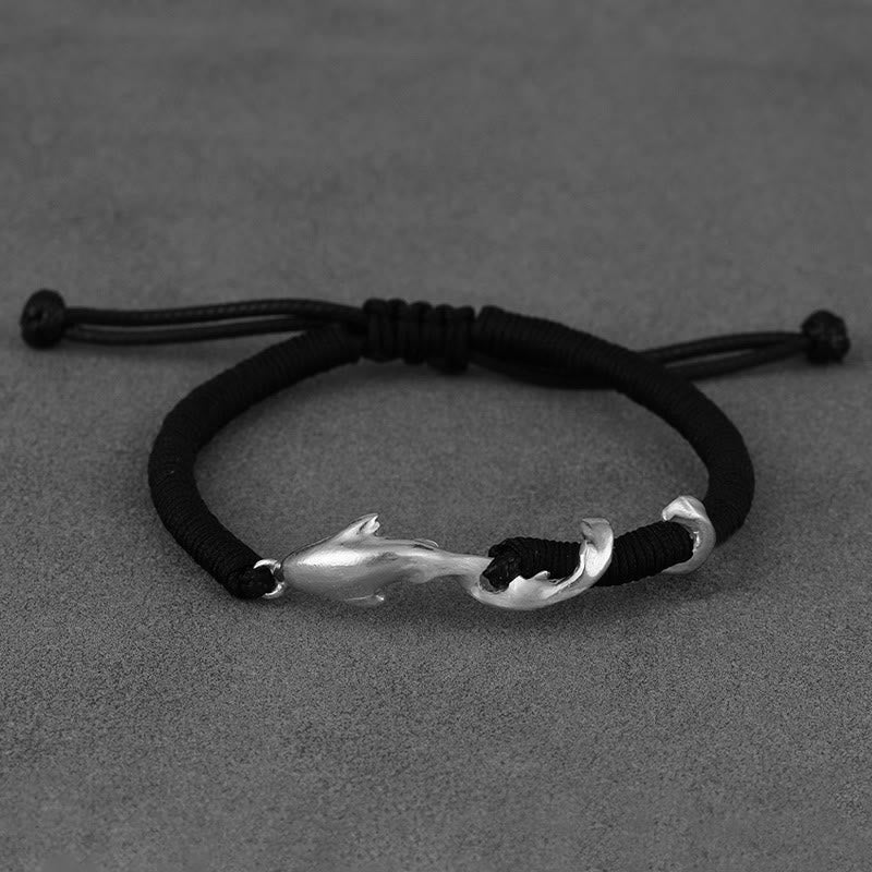 Braccialetto di protezione in corda di cera nera con squalo in argento sterling 999 Buddha Stones