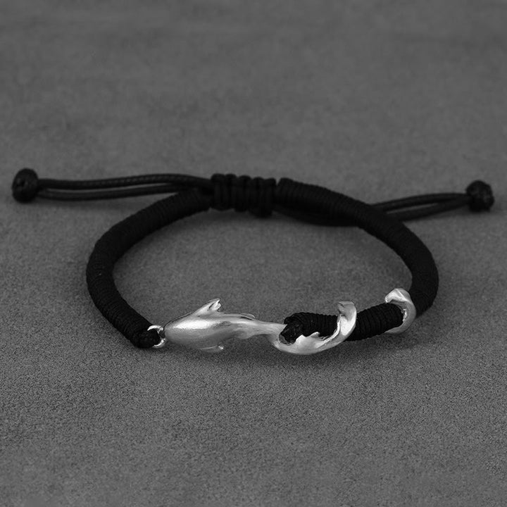 Braccialetto di protezione in corda di cera nera con squalo in argento sterling 999 Buddha Stones
