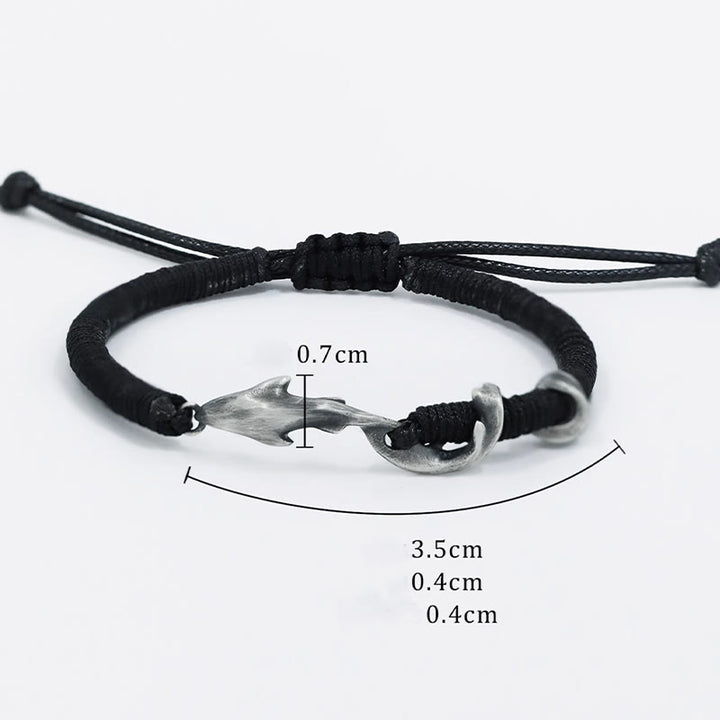 Braccialetto di protezione in corda di cera nera con squalo in argento sterling 999 Buddha Stones