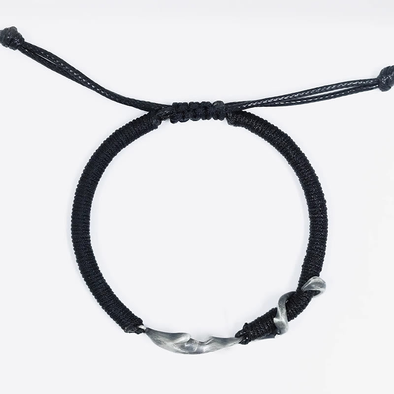 Braccialetto di protezione in corda di cera nera con squalo in argento sterling 999 Buddha Stones