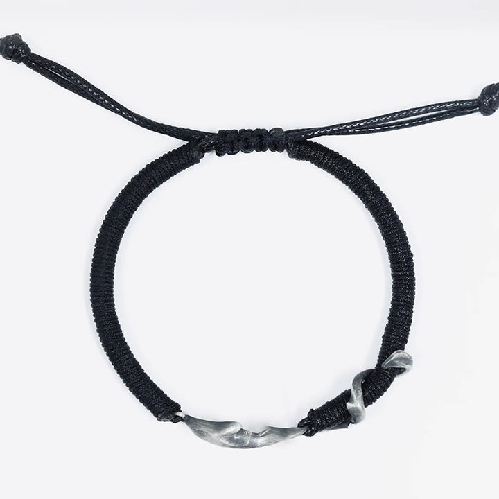Braccialetto di protezione in corda di cera nera con squalo in argento sterling 999 Buddha Stones