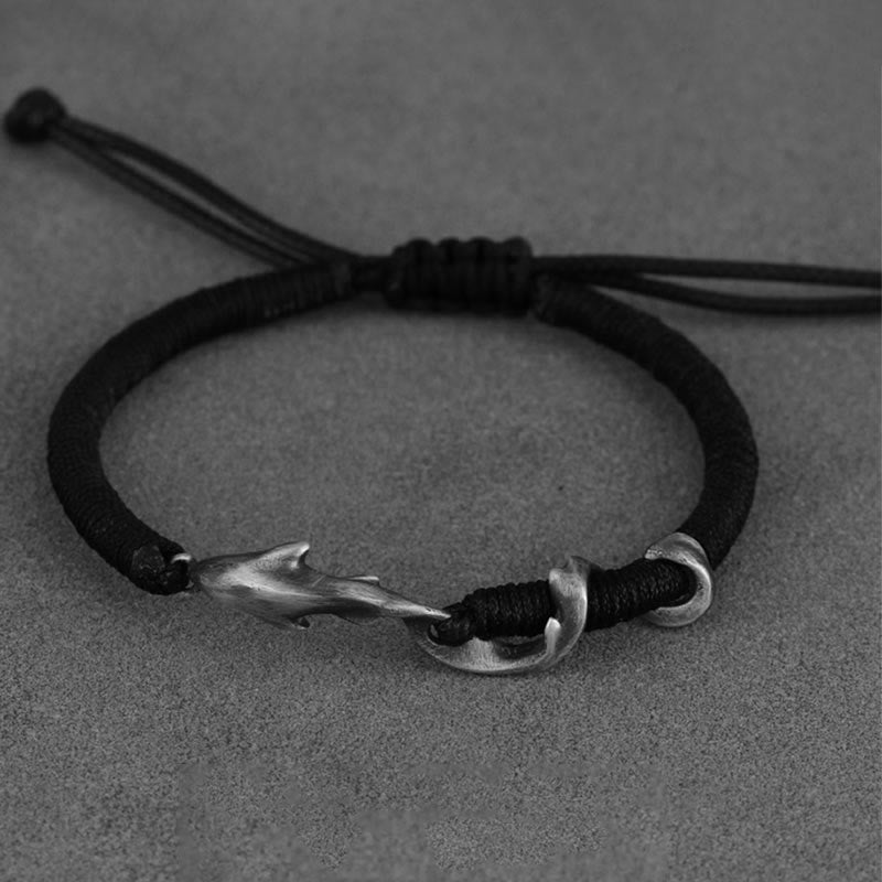 Braccialetto di protezione in corda di cera nera con squalo in argento sterling 999 Buddha Stones