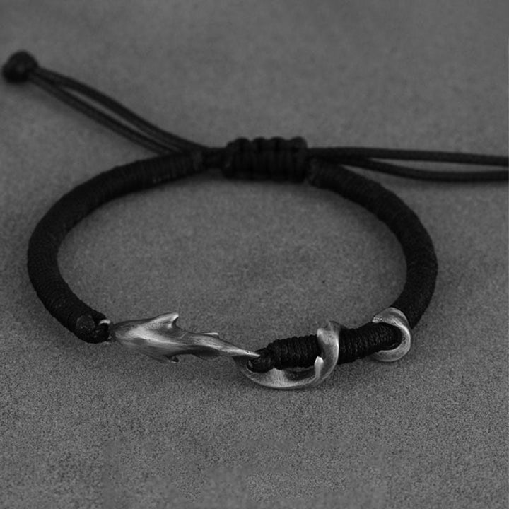 Braccialetto di protezione in corda di cera nera con squalo in argento sterling 999 Buddha Stones