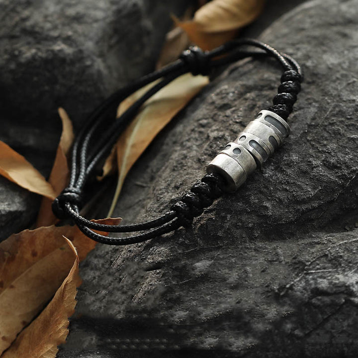 Braccialetto di benedizione in corda di cera con codice Morse in argento sterling 999 Buddha Stones