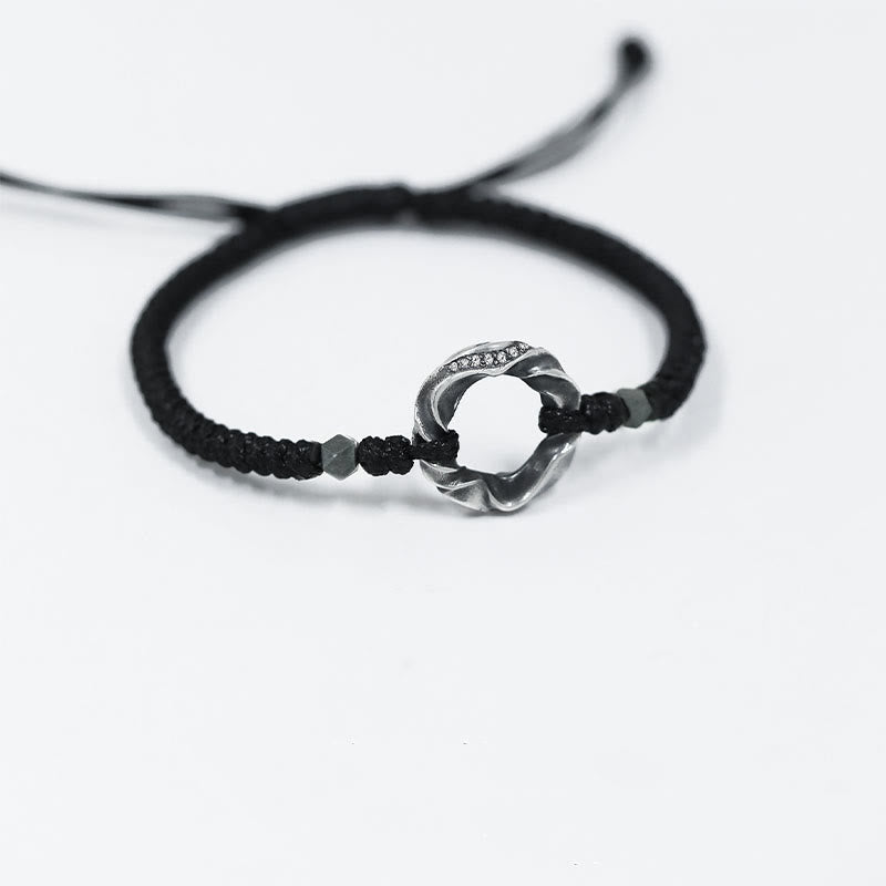 Braccialetto di protezione in corda di cera nera con fibbia della pace in argento sterling 999 Buddha Stones