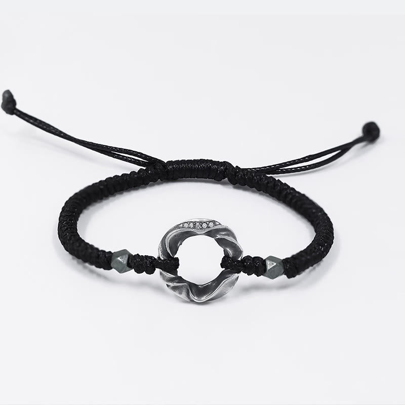Braccialetto di protezione in corda di cera nera con fibbia della pace in argento sterling 999 Buddha Stones