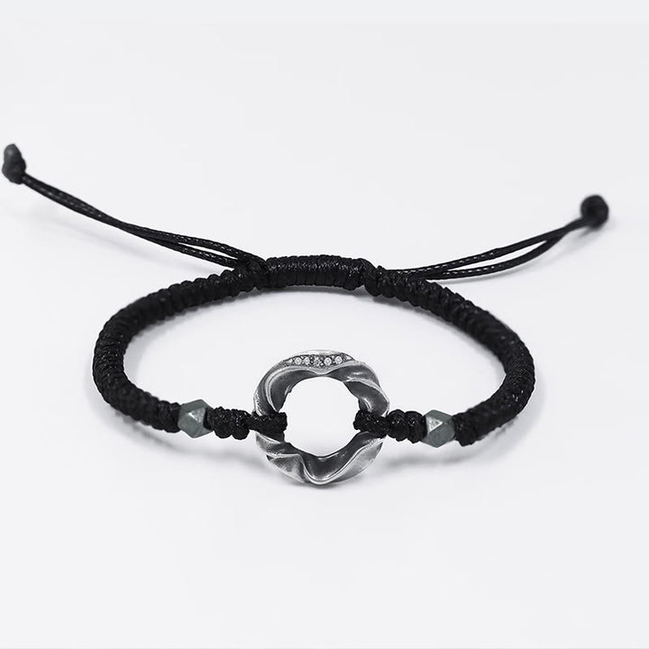 Braccialetto di protezione in corda di cera nera con fibbia della pace in argento sterling 999 Buddha Stones
