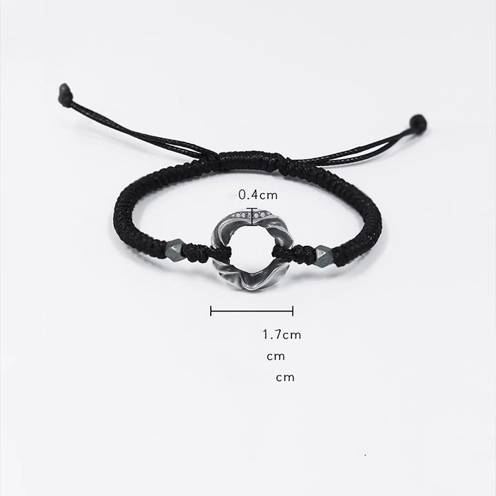 Braccialetto di protezione in corda di cera nera con fibbia della pace in argento sterling 999 Buddha Stones