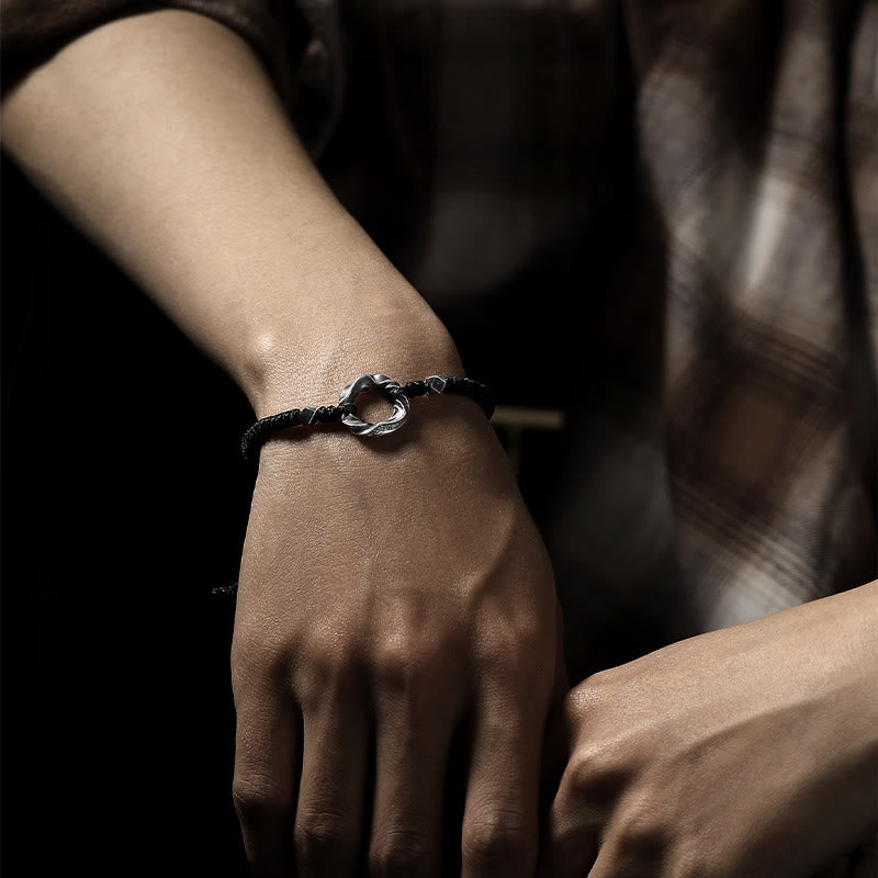 Braccialetto di protezione in corda di cera nera con fibbia della pace in argento sterling 999 Buddha Stones
