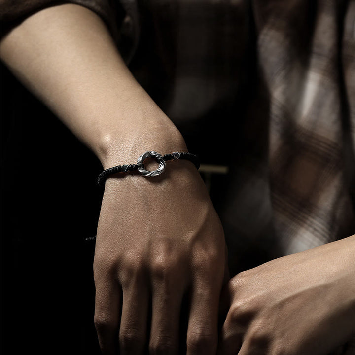 Braccialetto di protezione in corda di cera nera con fibbia della pace in argento sterling 999 Buddha Stones