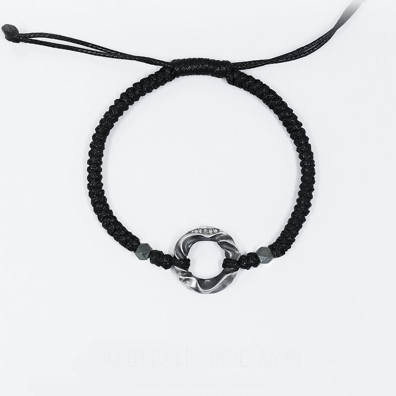 Braccialetto di protezione in corda di cera nera con fibbia della pace in argento sterling 999 Buddha Stones