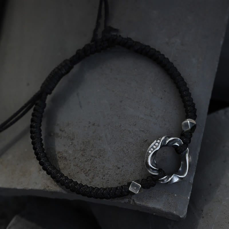 Braccialetto di protezione in corda di cera nera con fibbia della pace in argento sterling 999 Buddha Stones