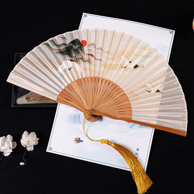Buddha Stones Cranes Auspicious Clouds Solid Color Gradient Handheld Bamboo Folding Fan - Gru del tramonto bianca 21 cm - image 1