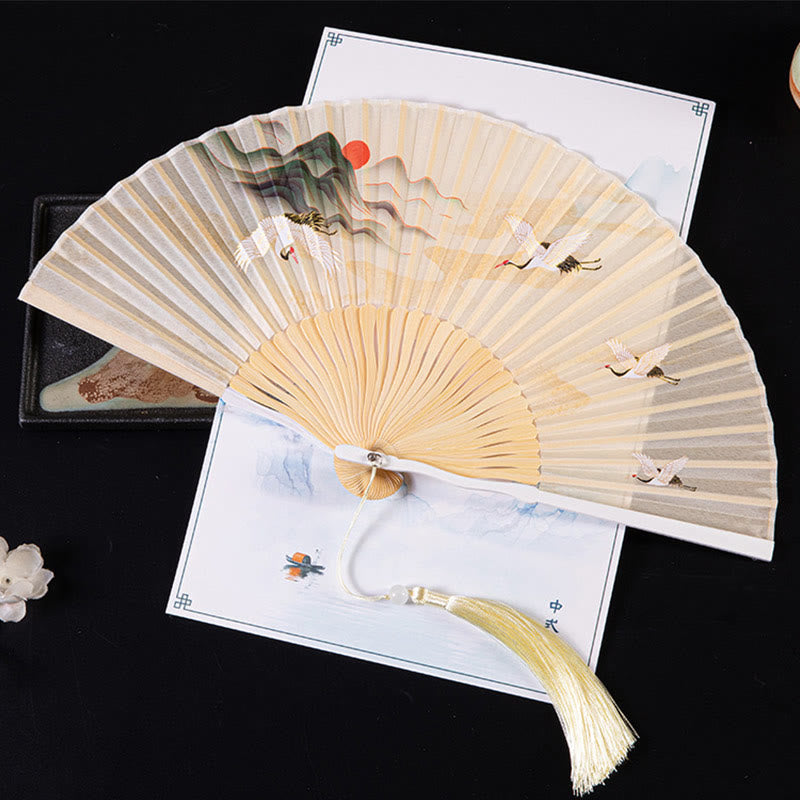 Buddha Stones Cranes Auspicious Clouds Solid Color Gradient Handheld Bamboo Folding Fan - Giallo Sunset Crane 21 cm - image 3