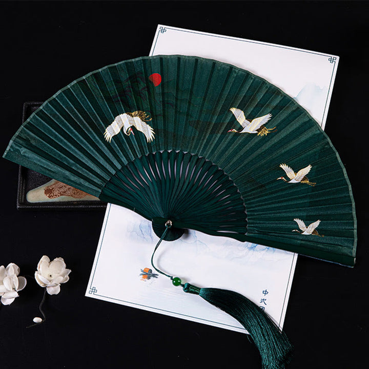 Buddha Stones Cranes Auspicious Clouds Solid Color Gradient Handheld Bamboo Folding Fan - Gru del tramonto verde scuro 21 cm - image 0