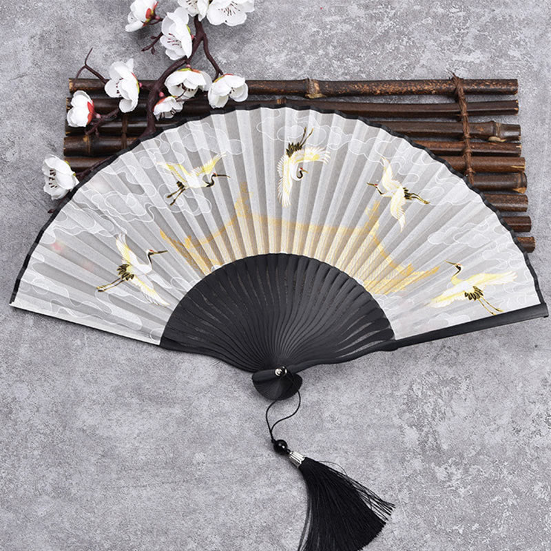 Buddha Stones Cranes Auspicious Clouds Solid Color Gradient Handheld Bamboo Folding Fan - Nuvola di gru nera 21 cm - image 9