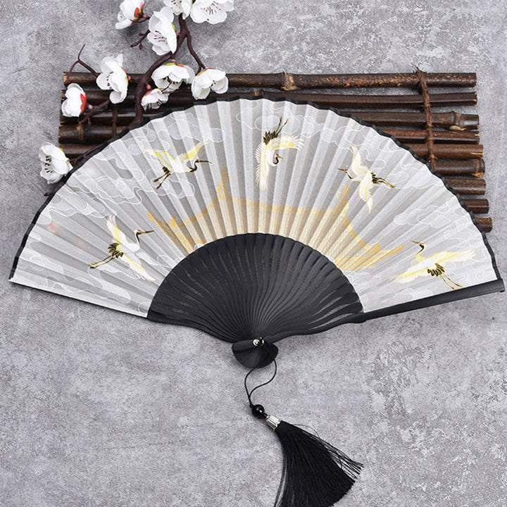 Buddha Stones Cranes Auspicious Clouds Solid Color Gradient Handheld Bamboo Folding Fan - Nuvola di gru nera 21 cm - image 9