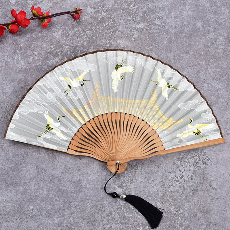 Buddha Stones Cranes Auspicious Clouds Solid Color Gradient Handheld Bamboo Folding Fan - Gru Nuvola Bianca 21 cm - image 8