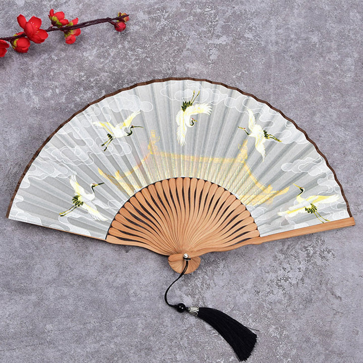 Buddha Stones Cranes Auspicious Clouds Solid Color Gradient Handheld Bamboo Folding Fan - Gru Nuvola Bianca 21 cm - image 8