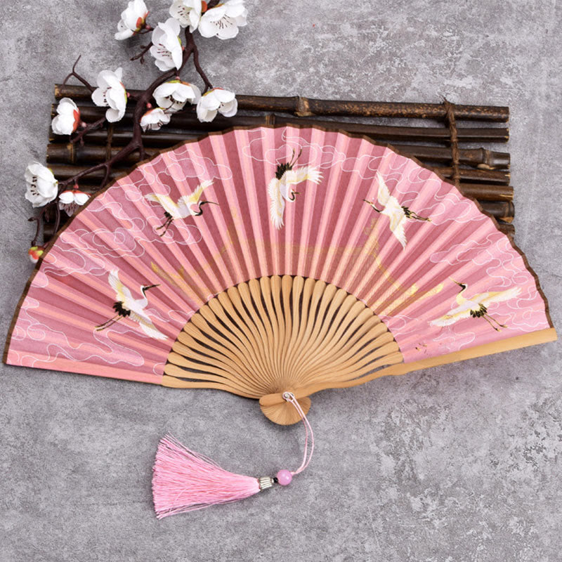 Buddha Stones Cranes Auspicious Clouds Solid Color Gradient Handheld Bamboo Folding Fan - Gru Nuvola Rosa 21 cm - image 6