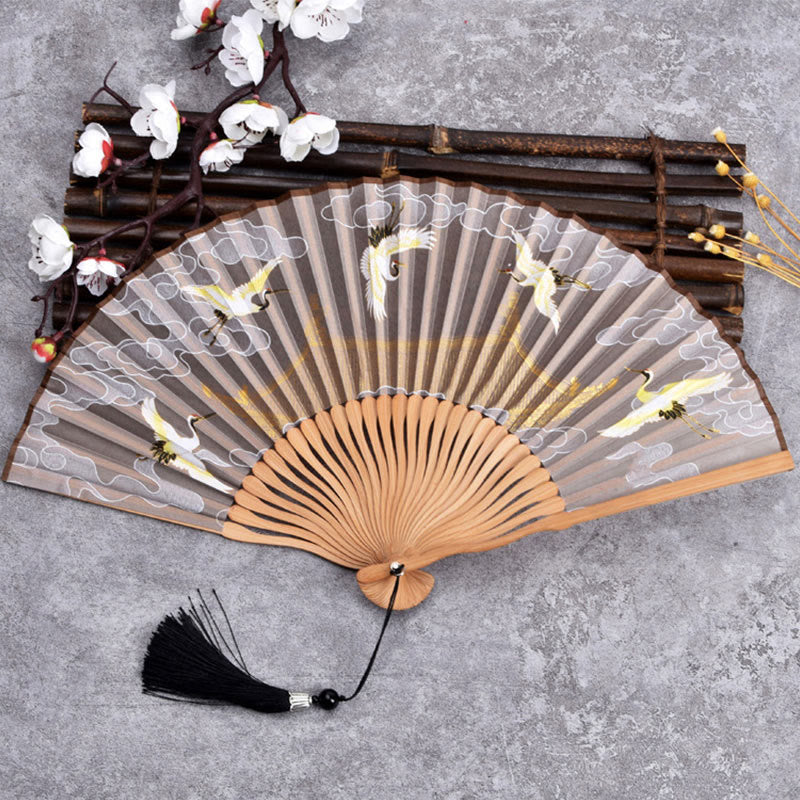 Buddha Stones Cranes Auspicious Clouds Solid Color Gradient Handheld Bamboo Folding Fan - Gru Cloud Khaki 21 cm - image 7