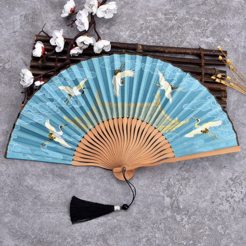Buddha Stones Cranes Auspicious Clouds Solid Color Gradient Handheld Bamboo Folding Fan - Gru Nuvola Blu 21 cm - image 5