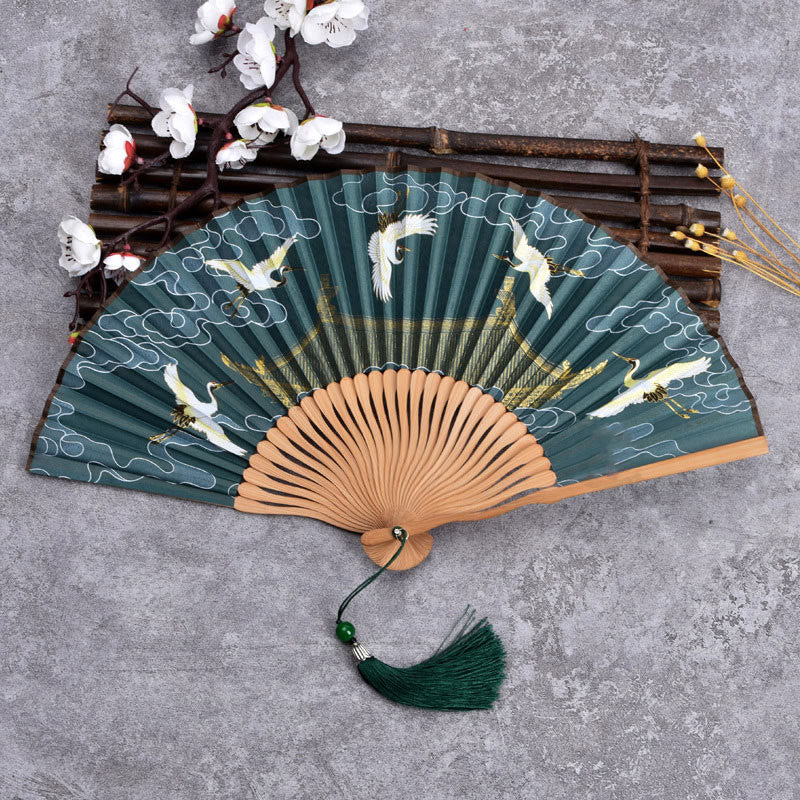 Buddha Stones Cranes Auspicious Clouds Solid Color Gradient Handheld Bamboo Folding Fan - Nuvola Gru Verde Scuro 21cm - image 4